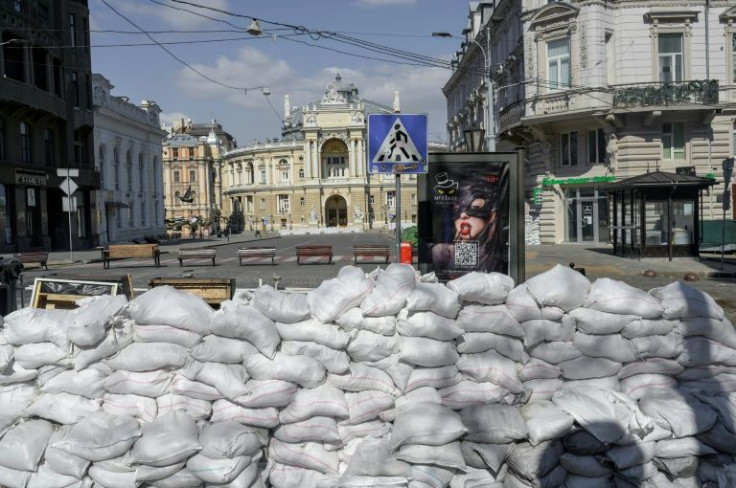 A barricade in front of the National Academic Theater of Opera and Ballet in Odessa