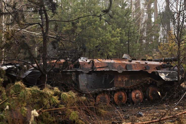 A view of destroyed Russian tank, amid Russia's invasion of Ukraine, in Dmytrivka village, west of Kyiv, Ukraine April 1, 2022.