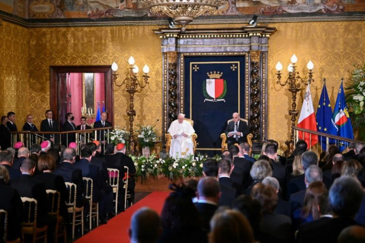 The pope addressed Maltese dignitaries, including Prime Minister Robert Abela, at the Grandmaster's Palace, the former seat of the Knights Hospitaller who ruled for centuries over the archipelago