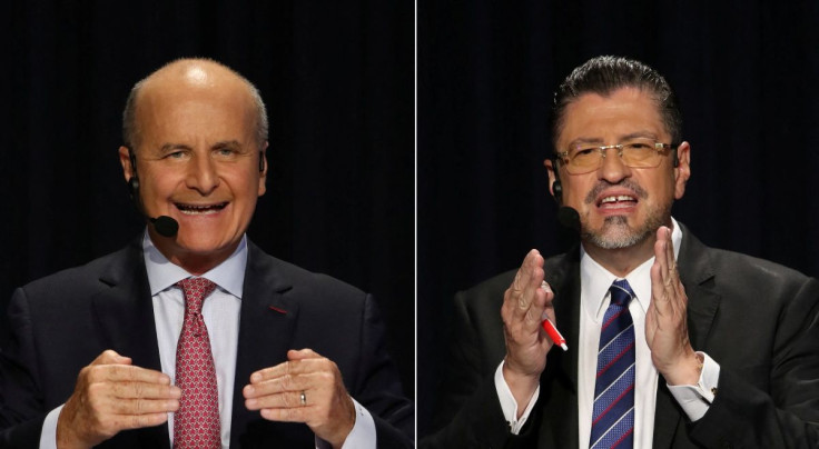 A combination picture shows Costa Rican presidential candidates Jose Maria Figueres of the National Liberation Party (PLN) (left) and Rodrigo Chavez of the Social Democratic Progress Party (PSL) (right) during a debate ahead of the April 3 presidential el