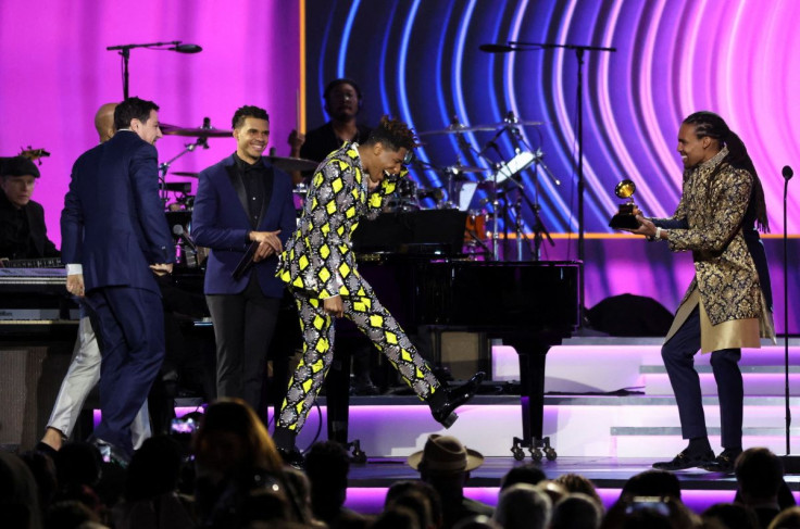 Musician Jon Batiste accepts the Grammy for Best Music Video for Freedom, at the 64th Annual Grammy Awards Premiere ceremony in Las Vegas, Nevada, U.S. April 3, 2022. 