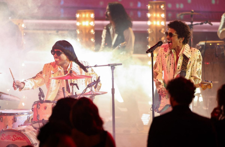 Anderson .Paak and Bruno Mars of Silk Sonic perform during the 64th Annual Grammy Awards show at the MGM Grand Garden Arena in Las Vegas, Nevada, U.S., April 3, 2022.