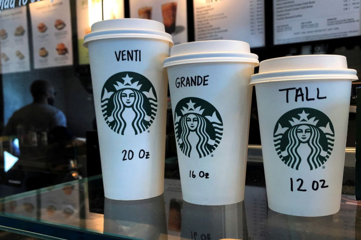 Starbucks cups are pictured on a counter in the Manhattan borough of New York City, New York, U.S., February 16, 2022.