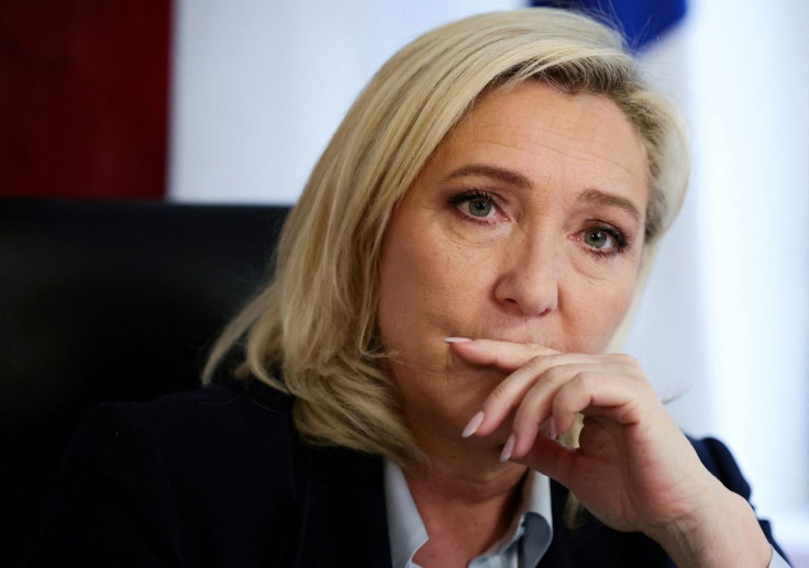 Marine Le Pen, leader of French far-right National Rally (Rassemblement National) party and candidate for the 2022 French presidential election, attends an interview with Reuters at her campaign headquarters in Paris, France, March 29, 2022. 