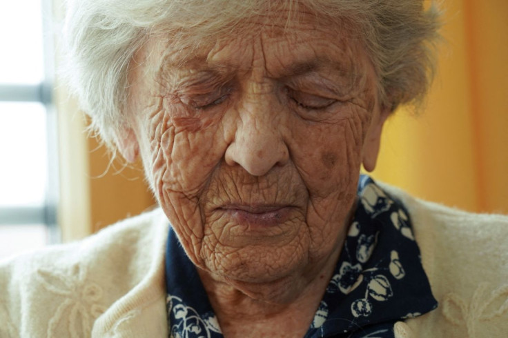 Holocaust survivor Raisa Valiushkevych, 98, who has recently escaped Russian bombing of her hometown Kyiv, attends an interview with Reuters in Frankfurt, Germany April 1, 2022. 