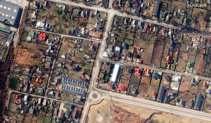 A satellite image shows an overview of Yablonska Street, in Bucha, Ukraine, March 31, 2022. Picture taken March 31, 2022. Satellite image 2022 Maxar Technologies/Handout via REUTERS 