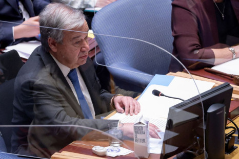 United Nations Secretary General Antonio Guterres addresses the United Nations Security Council during a meeting, amid Russia's invasion of Ukraine, at the United Nations Headquarters in Manhattan, New York City, New York, U.S., April 5, 2022. 
