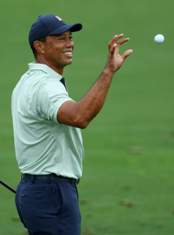 US superstar Tiger Woods warms up on the range during a practice prior to the Masters at Augusta National