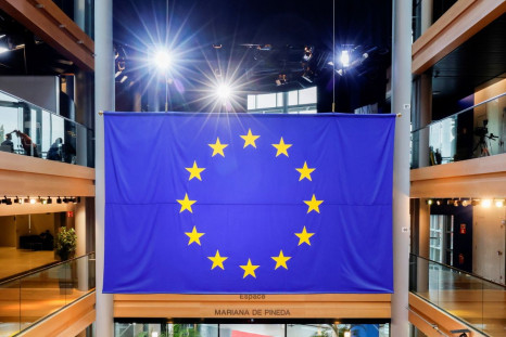 A view of a flag of the European Union during a debate on Poland's challenge to the supremacy of EU laws at the European Parliament in Strasbourg, France, October 19, 2021. Ronald Wittek/Pool via REUTERS