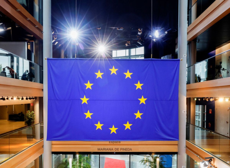 A view of a flag of the European Union during a debate on Poland's challenge to the supremacy of EU laws at the European Parliament in Strasbourg, France, October 19, 2021. Ronald Wittek/Pool via REUTERS