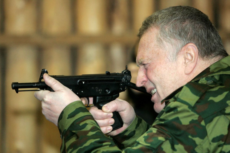 Leader of the nationalist LDPR party and presidential candidate Vladimir Zhirinovsky takes aim at a shooting range in Chernogolovka, 40 km (25 miles) northeast of Moscow, Russia February 24, 2008.