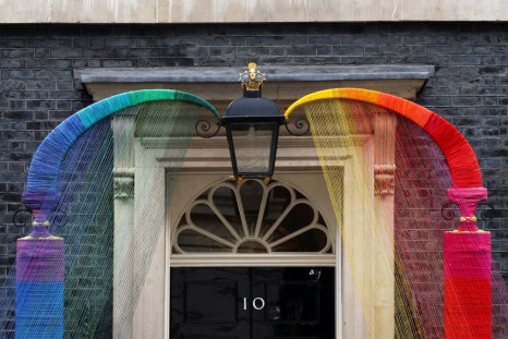 A rainbow arch by Artists Louisa Loizeau and Hattie Newman is installed over the door at Number 10 Downing Street to mark Pride month, in London, Britain, June 29, 2021. 