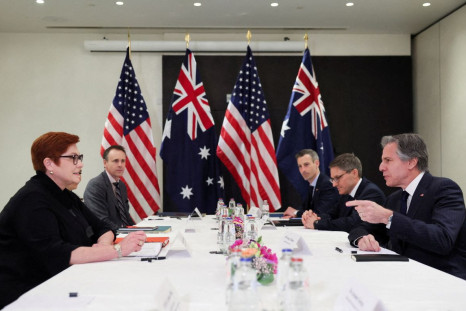 U.S. Secretary of State Antony Blinken meets Australian Foreign Minister Marise Payne, next to Australian advisor Mikaela James, U.S. State Department Counselor Derek Chollet and U.S. State Department spokesperson Ned Price, at The Hotel Brussels, in Brus