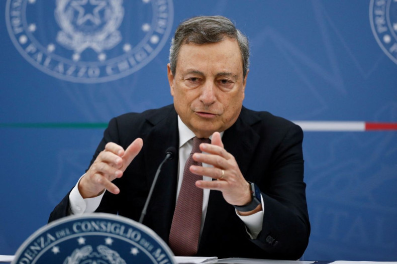 Italy's Prime Minister Mario Draghi speaks during a joint news conference with Italy's Economy Minister Daniele Franco (not pictured) on the government's new fiscal targets in Rome, Italy, September 29, 2021. 