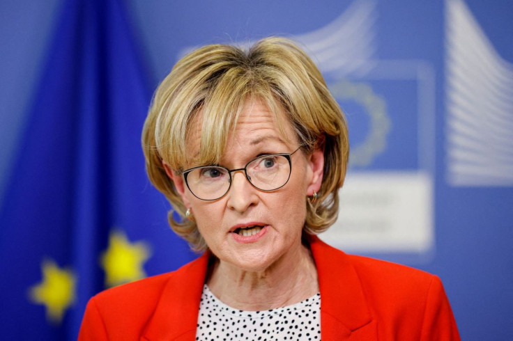 European Commissioner for Financial Stability, Financial Services and the Capital Markets Union Mairead McGuinness speaks during a joint news conference with U.S. Deputy Secretary of the Treasury Wally Adeyemo (not pictured) in Brussels, Belgium March 29,