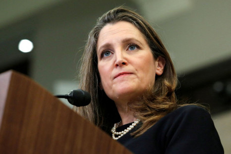 Canada's Deputy Prime Minister and Minister of Finance Chrystia Freeland speaks at a press conference in Ottawa, Ontario, Canada, February 17, 2022. 