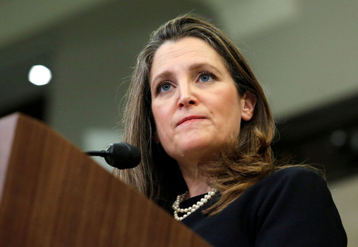 Canada's Deputy Prime Minister and Minister of Finance Chrystia Freeland speaks at a press conference in Ottawa, Ontario, Canada, February 17, 2022. 