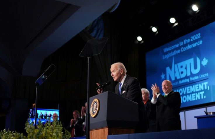 US President Joe Biden addresses trades leaders at the North Americaâs Building Trades Unions (NABTU) Legislative Conference at the Washington