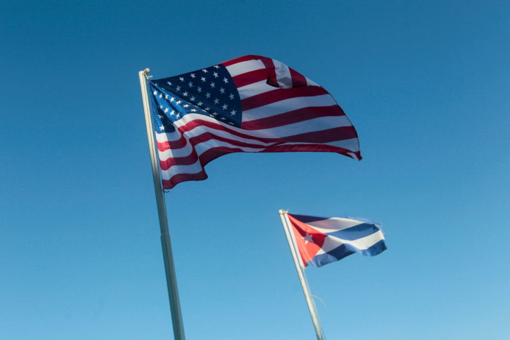 Flags of U.S. and Cuba hang outside a hotel in Havana, Cuba, April 6, 2022. 
