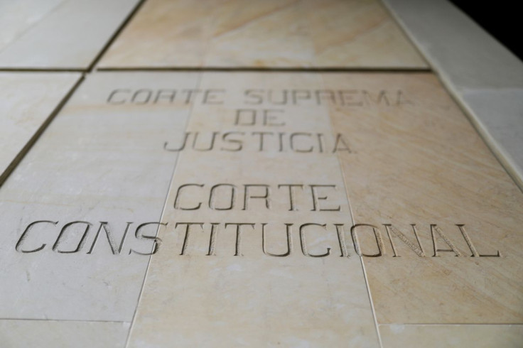 A wall with the carved phrase that reads "Supreme Court of Justice, Constitutional Court" is seen on the facade of the Palace of Justice in Bogota, Colombia September 10, 2019. Picture taken September 10, 2019.
