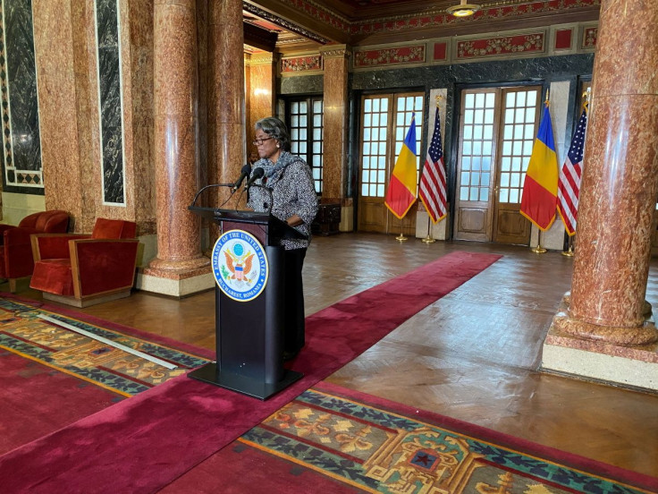 U.S. Ambassador to the United Nations, Linda Thomas-Greenfield, speaks to reporters at Bucharest train station after announcing Washington will seek to suspend Russia from the U.N. Human Rights Council, in Bucharest, Romania April 4, 2022. 