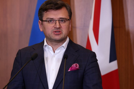 Ukrainian Foreign Minister Dmytro Kuleba speaks during a joint news conference with British Foreign Secretary Liz Truss (not pictured) at the British Embassy in Warsaw, Poland, April 4, 2022. 