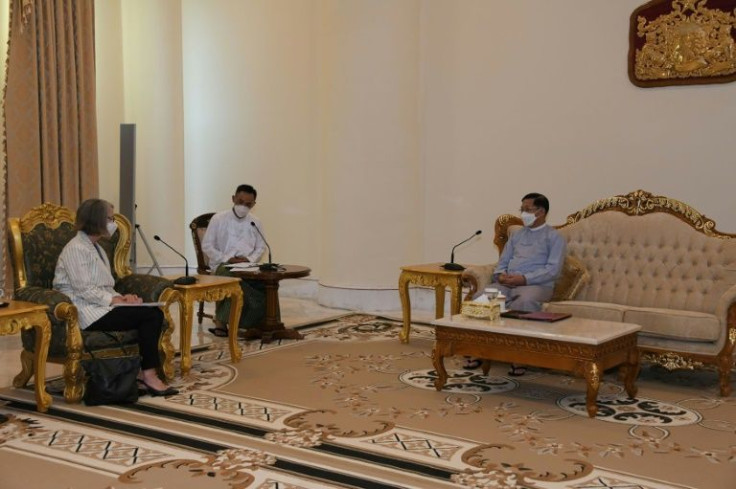 Australia's outgoing ambassador Andrea Faulkner (left) met with Myanmar's military leader Min Aung Hlaing