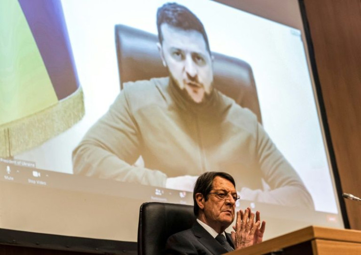 Cyprus President Nicos Anastasiades attends a teleconference address by Ukraine's President Volodymr Zelensky to the Cypriot parliament