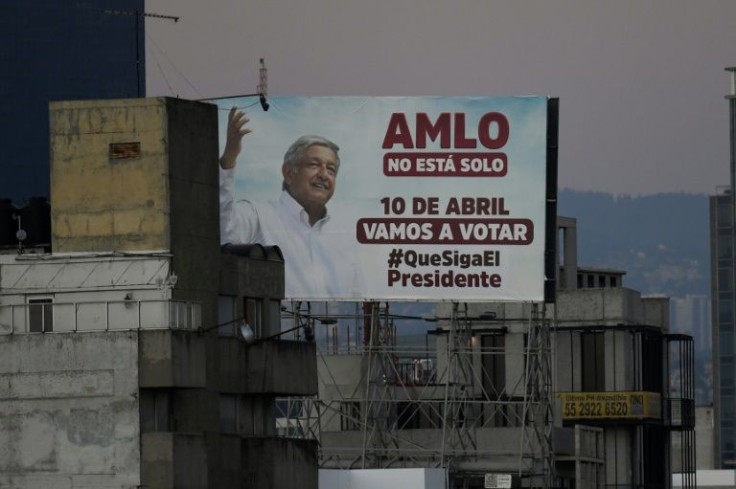 A billboard in Mexico City encourages people to vote for President Andres Manuel Lopez Obrador to stay in office in a midterm recall referendum