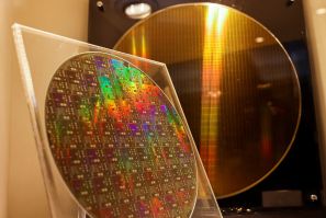 Two chips are on display at the Taiwan Semiconductor Research Institute (TSRI) in Hsinchu, Taiwan, February 11, 2022. 