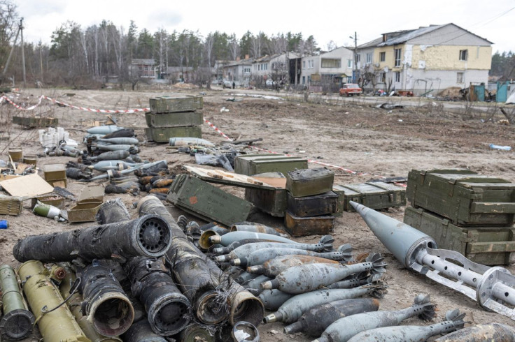Unexploded shells sorted by an Explosive Ordnance Disposal (EOD) team are seen, as Russia's invasion of Ukraine continues, in the village of Yahidne, near to Chernihiv, Ukraine, April 6, 2022.