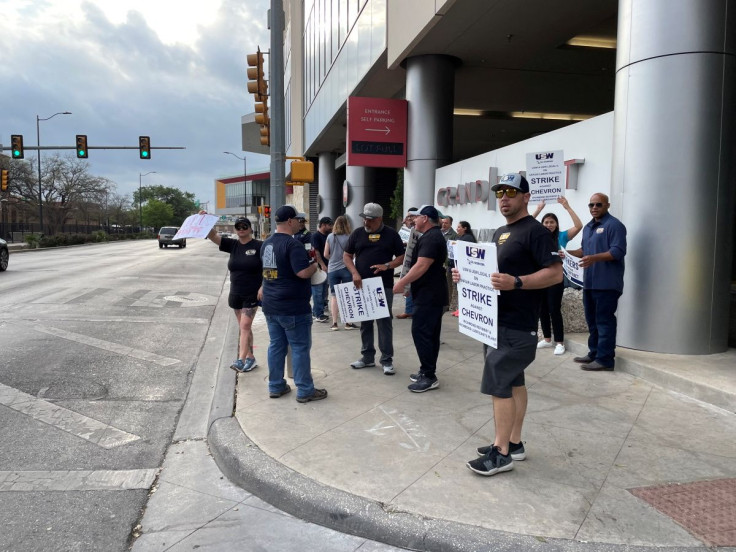 United Steelworkers union (USW) union members from California, Texas and Utah protest in support of workers on strike at Chevron Corp's Richmond, California, refinery, outside of a hotel in San Antonio, U.S., March 29, 2022.