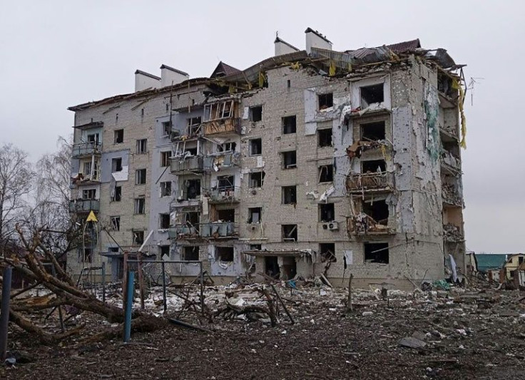 A wrecked housing block in Borodyanka