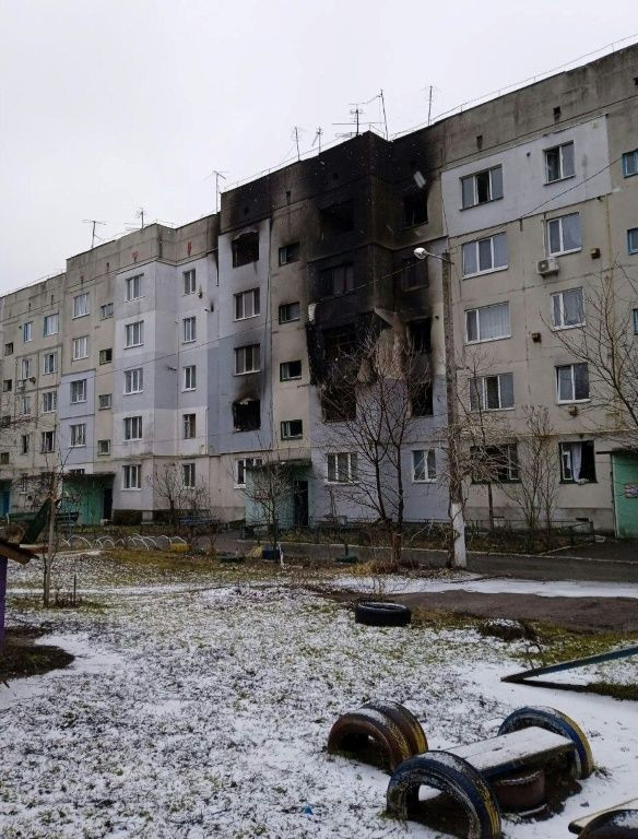 A gaping hole in the middle of the five-storey building in Borodyanka