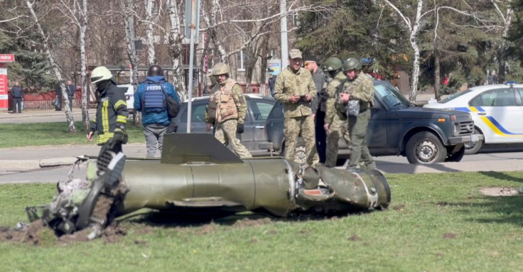 Remains of a missile are seen near a railway station, amid Russia's invasion of Ukraine, in Kramatorsk, Ukraine April 8, 2022 in this still image from a video obtained by REUTERS. Video recorded April 8, 2022. Obtained by Reuters/Handout via REUTERS