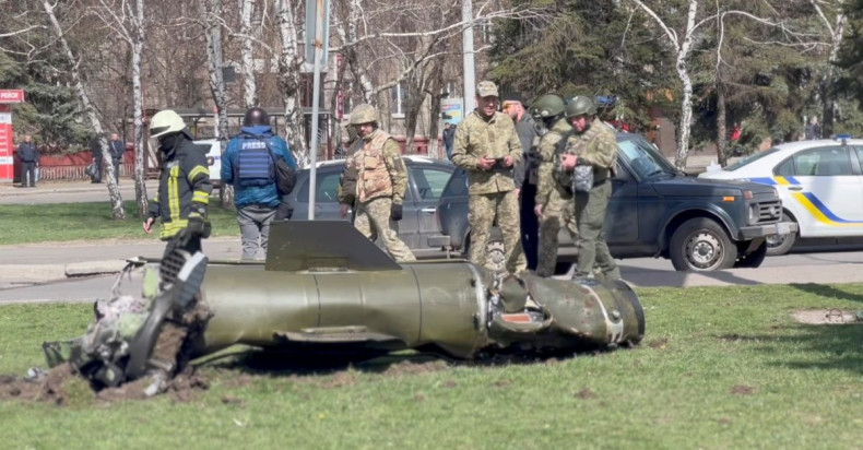 Remains of a missile are seen near a railway station, amid Russia's invasion of Ukraine, in Kramatorsk, Ukraine April 8, 2022 in this still image from a video obtained by REUTERS. Video recorded April 8, 2022. Obtained by Reuters/Handout via REUTERS 