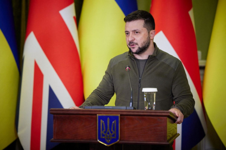 Ukraine's President Volodymyr Zelenskiy attends a news briefing with British Prime Minister Boris Johnson, as Russia's attack on Ukraine continues, in Kyiv, Ukraine April 9, 2022. Ukrainian Presidential Press Service/Handout via REUTERS