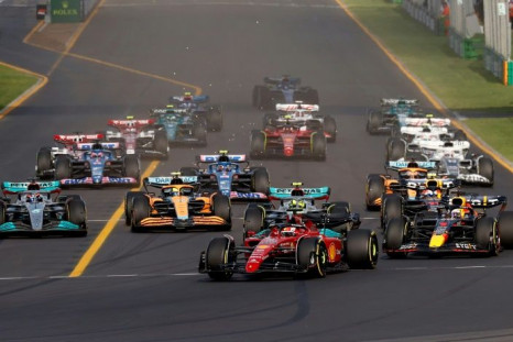 Ferrari's Charles Leclerc leads the pack into the first corner at the 2022 Formula One Australian Grand Prix