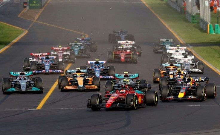 Ferrari's Charles Leclerc leads the pack into the first corner at the 2022 Formula One Australian Grand Prix