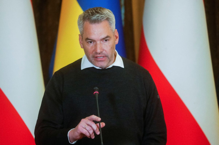 Austrian Chancellor Karl Nehammer attends a joint news conference with Ukrainian President Volodymyr Zelenskiy, as Russiaâs attack on Ukraine continues, in Kyiv, Ukraine April 9, 2022.