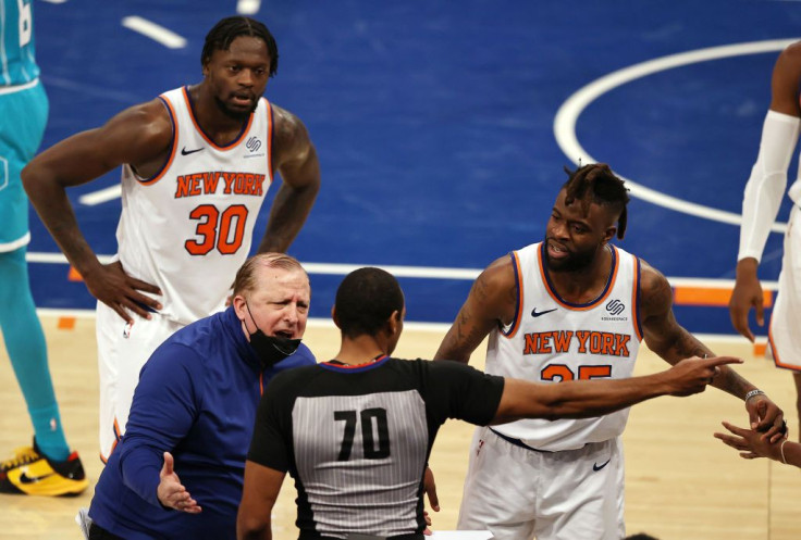 Head coach Tom Thibodeau of the New York Knicks reacts after the ball is given to Charlotte Hornets 