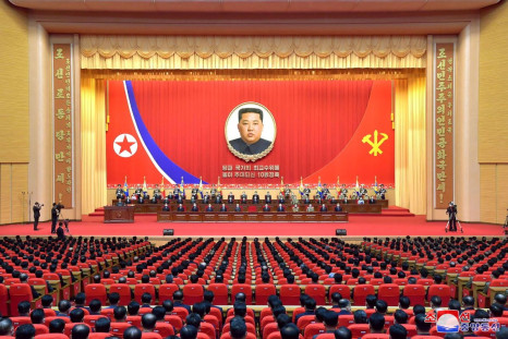 A portrait of North Korea's leader Kim Jong Un is displayed at a national meeting to commemorate Kim's 10-year anniversary as head of the country's ruling Workers' Party of Korea (WPK) in Pyongyang, North Korea, April 10, 2022, in this photo released by N