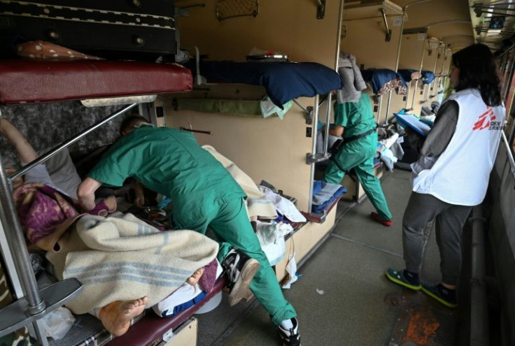 An MSF team tended to patients on a medical evacuation train on its way to the western Ukrainian city of Lviv on April 10, 2022
