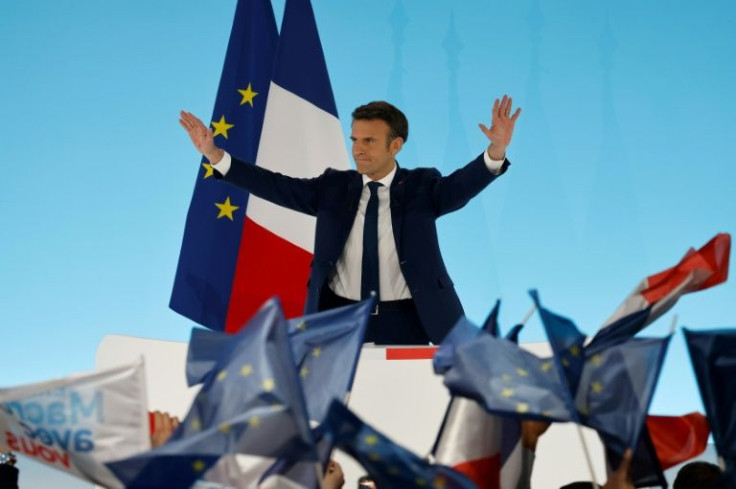 French President Emmanuel Macron greeted supporters after his first-round victory Sunday night.