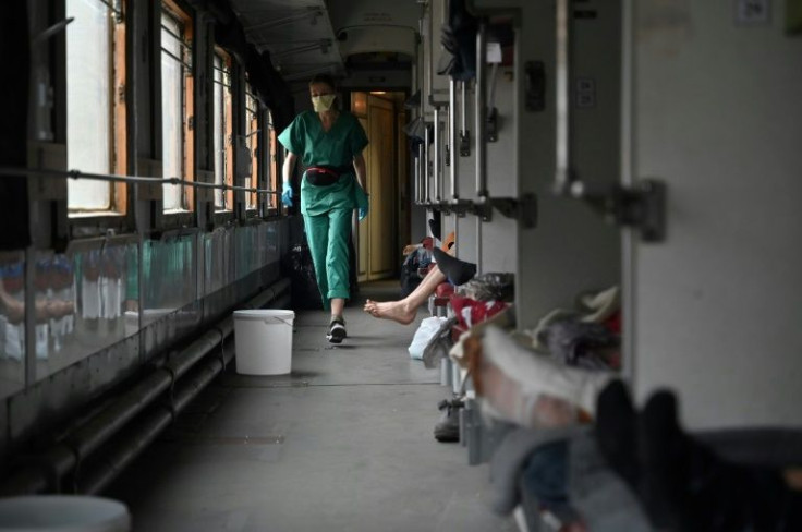 Nearly 50 wounded and elderly patients were transported from the east in a hospital train by medical charity Doctors Without Borders (MSF)