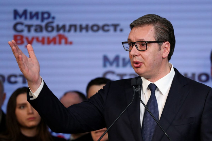 Serbian President and presidential candidate Aleksandar Vucic speaks after the results of the presidential election, in Belgrade, Serbia, April 3, 2022.