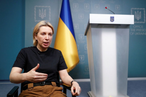 Ukraine's Deputy Prime Minister Iryna Vereshchuk, in charge of negotiating prisoner swaps and humanitarian corridors with Russia, speaks during an interview with Reuters in Kyiv, Ukraine April 11, 2022.  