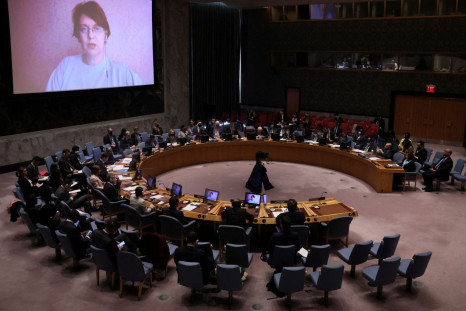 The United Nations Security Council holds a meeting on the situation amid Russia's invasion of Ukraine with a focus on women, at the United Nations Headquarters in Manhattan, New York City, New York, U.S., April 11, 2022. 