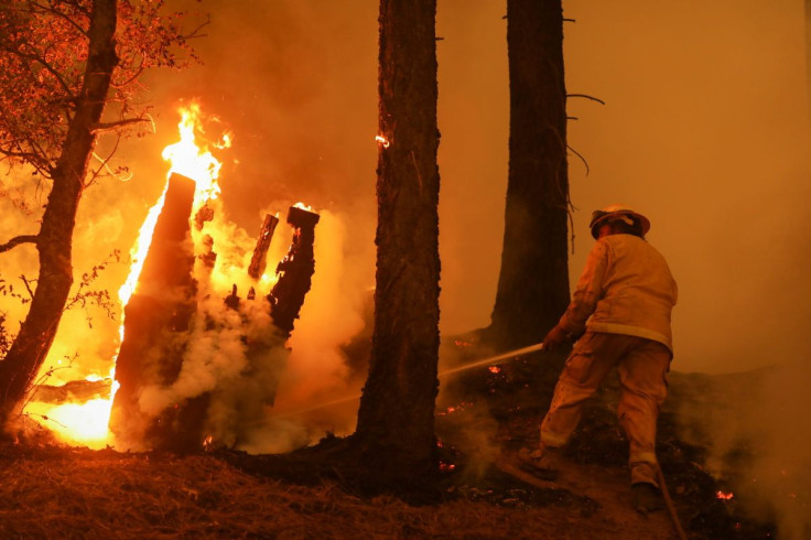 A firefighter continues to hold the line of the Dixie Fire near Taylorsville, California, U.S., August 10, 2021.