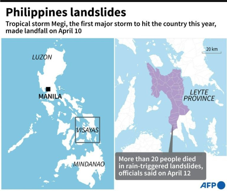 Map of the central Philippines showing Leyte Province where more than 20 people have died in landlisdes as of Apr 12, caused by tropical storm Megi.